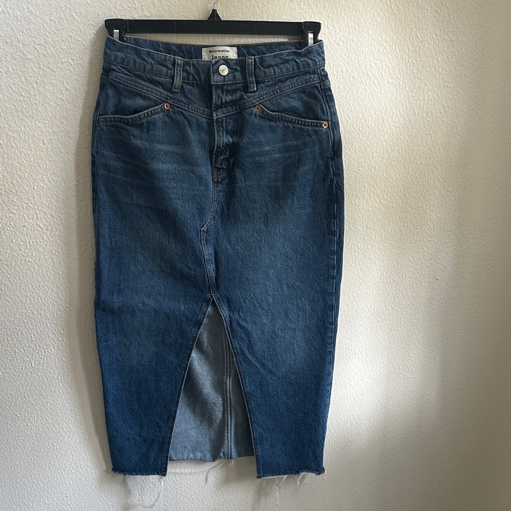Reformation Blue Denim Midi Skirt